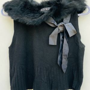 Cute Fur Design Ribbed Top