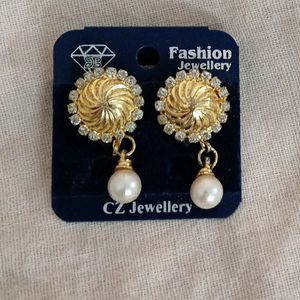 Golden Earrings With American Diamond And Pearl