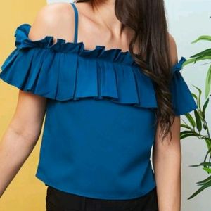 Red Off/Cold Shoulder Sleeves Pleated Ruffles Top