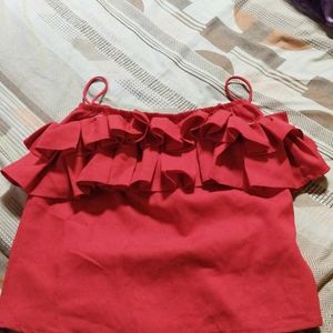 Red Off/Cold Shoulder Sleeves Pleated Ruffles Top