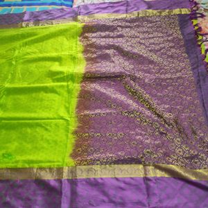 Parrot Green And Purple Silk Saree