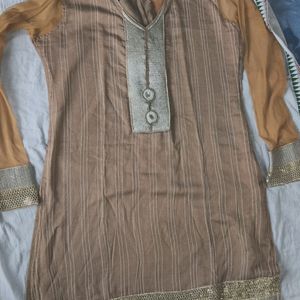 Sequined Border Beige Women's Kurti