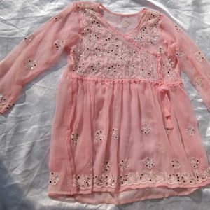 Beutiful Peach Chikankari Mirror Work Kurti/ Tunic