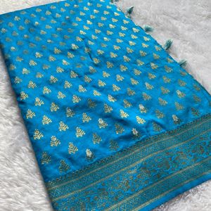 Brand New Blue Soft Silk Saree With Blouse Piece