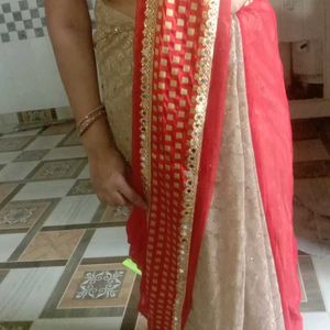 Red And Cream Colour Mirror Work Saree