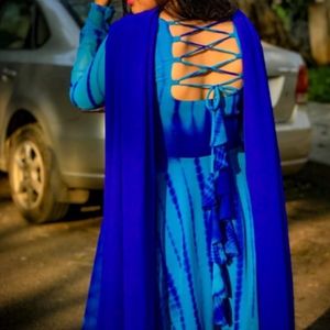 Tie dye blue anarkali with dupatta