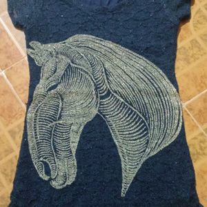 Navy Blue Horse Embroidery Tshirt