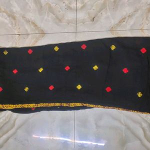 Black Red And Yellow Design Saree With Orange Par