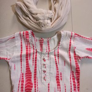 Pink&White Color Kurti Palazo Set With Dupatta