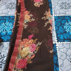 Brown Flower Print Saree With Blouse Pis