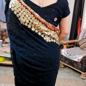 Designer Black Embroidered Saree + Stitched Blouse