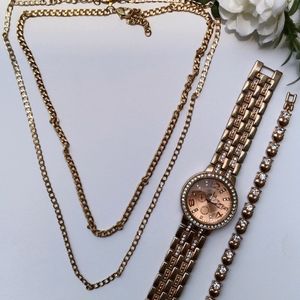 Gold Necklace Set with Watch And Bracelet