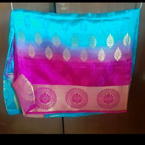 Pink, Blue Colour Saree With Pink Stitch Blouse