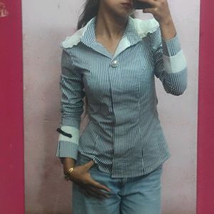 Blue Striped Office Siren Fitted Shirt