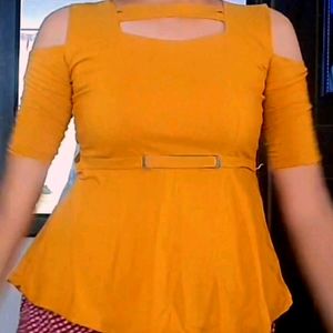 Cute Mustard Top With Cold Shoulder