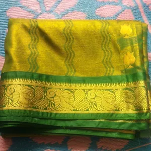 Green Saree With Golden Flowers Design