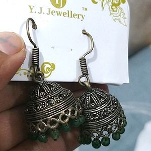 Oxidised Jhumkas - 💚 Green Beads