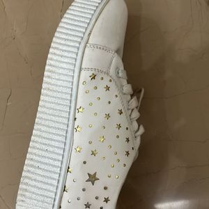 White Shoes with Cute Golden Design