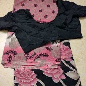 Black With Pink Flowers Saree