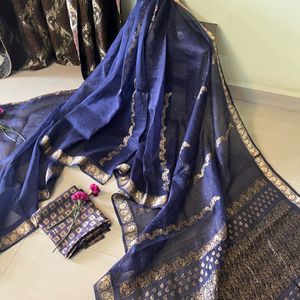 Blue Organza Silk  Saree Vth Blouse