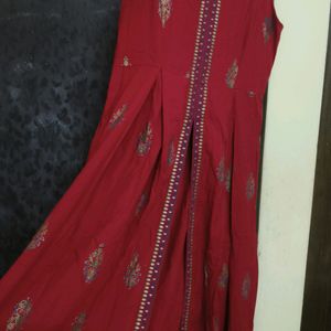 Red Front Cut Anarkali Kurti With Gold Print