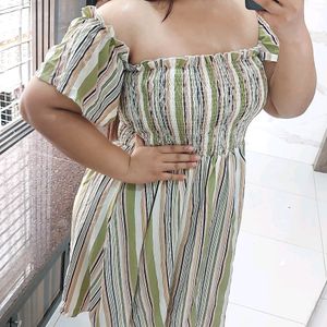 Strips printed off shoulder smoked dress