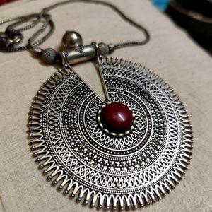 Oxidized GS Statement Pendant With Coral Stone