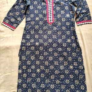 Blue Cotton Kurta With Pocket