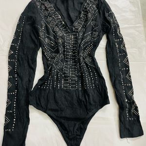 V Neck Full Embellished Bosysuit