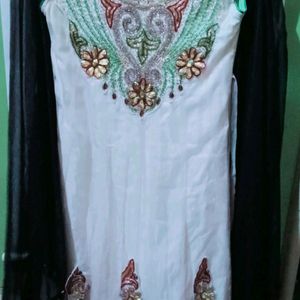 White Frocksuit With Black Net Dupatta