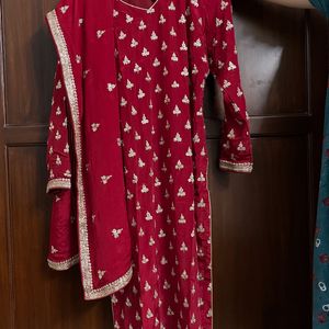 Zardozi Embroidered Pure Silk Red Suit, Churidhar