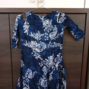 Cold-shoulder Sleeves Desi Print Navy Blue Kurti