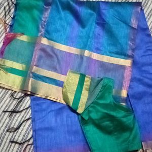 Semi Raw Silk Saree Body: Dark Blue Colour