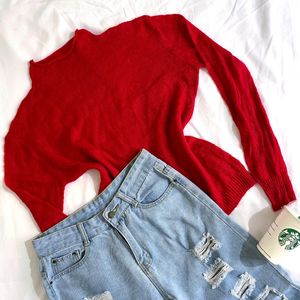 Pinterest Knitted Oversized Red High Neck Top