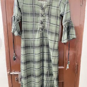 Checked Symmetrical Kurta In Military Green And Bl