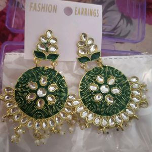 Green Kundan With Pearls Earrings