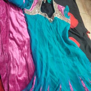 Anarkali Suit With Velvet Leggings And net Dupatta