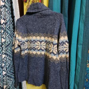 Blue High-Neck Woollen Pullover