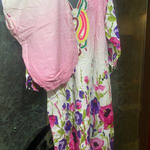 Pink  Printed Cotton Suit With Patch On Neck