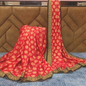 Red Wedding And Festive Saree With Stiched Blouse