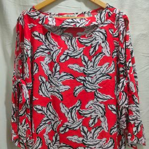 Branded Red Floral Top With Tie Up Sleeves