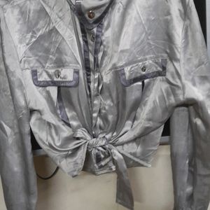 Silver Grey Party Wear Cropped Shirt