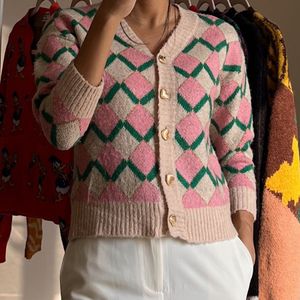 Blush Pink Argyle Print Crop Cardigan 🎀