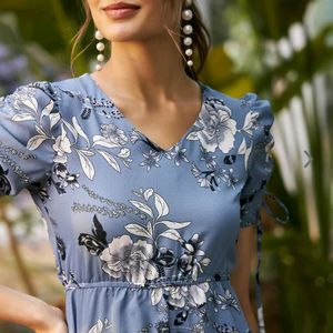 Blue Floral Cinched Waist Puff Sleeve Top