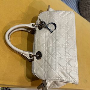 Auth Dior Cream Leather Cannage Top Handle Bag