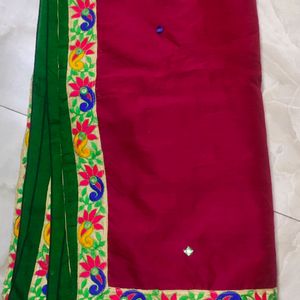 Pink And Green Cotton Silk Saree