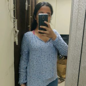 Blue Rayon Printed Full Sleeve Top