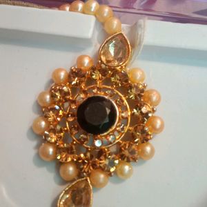 Very Gorgeous Golden And Black Color  Necklace With Earrings And Mangtika