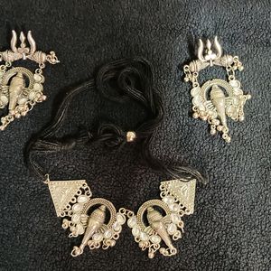 Silver Oxidised Ganesh Designed Necklace & Earring