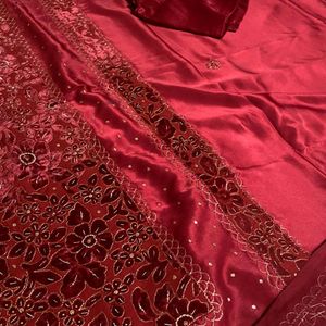 Red Silk Velvet Heavy Work Saree